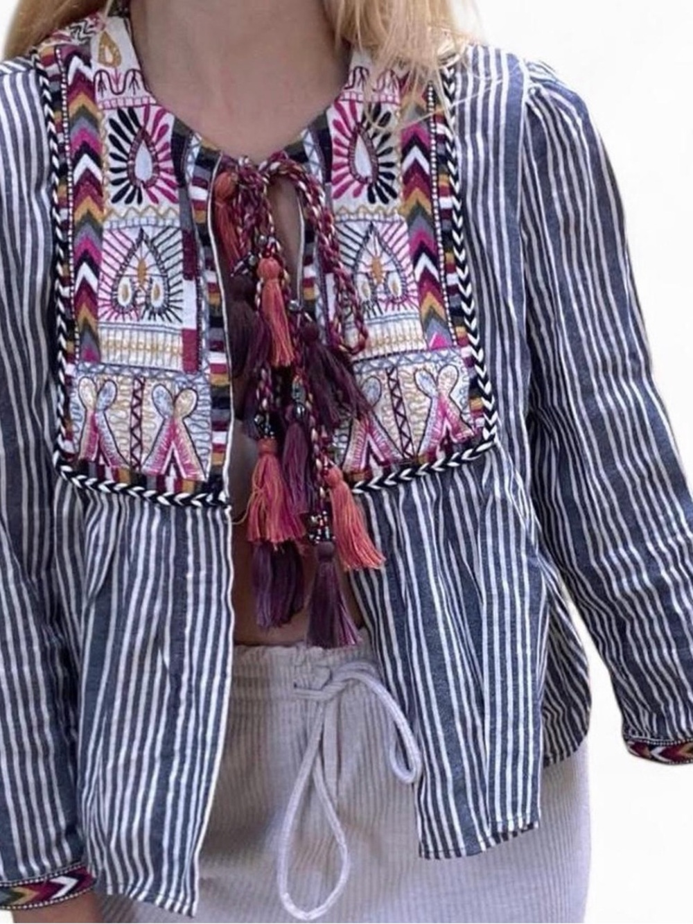 ZARA Boho Embroidered Stripe Women's Top with Tassels - Multicolor